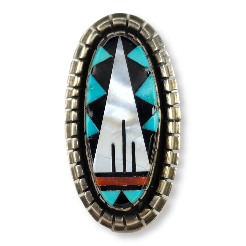 Vintage Sterling Silver Southwestern‎ Turquoise Inlay Tepee Ring Size 5.5 9.5g